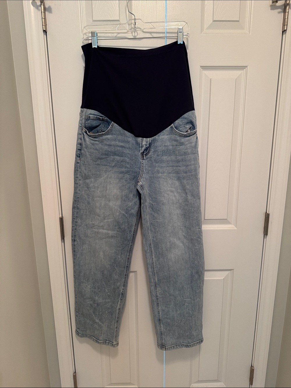 PinkBlush Light Blue Boyfriend Maternity Jeans with Black Overbump Panel - Picture 1 of 2